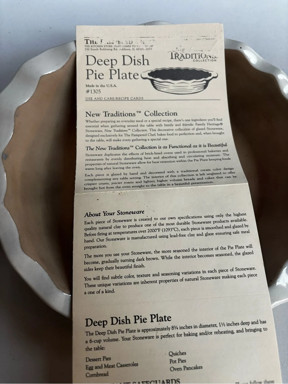 The Pampered Chef Deep Dish Pie Plate #1305 New Traditions Collection